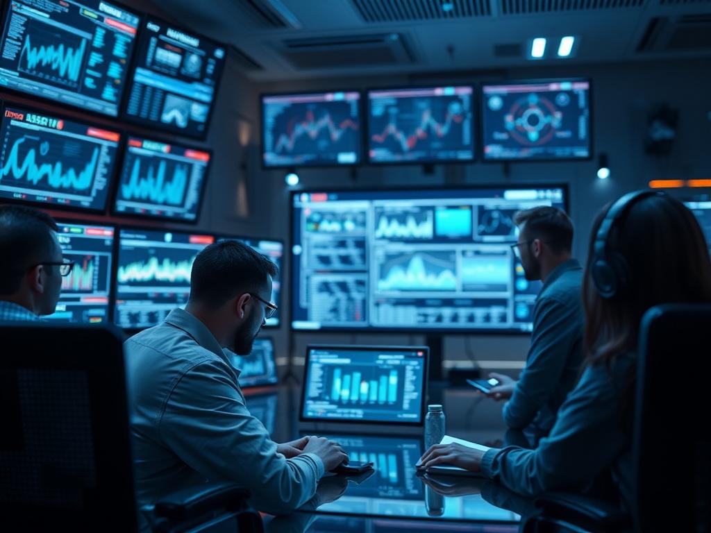 A close-up shot of a high-tech control room with multiple screens displaying data analysis and monitoring tools. The atmosphere is sleek and advanced, showcasing a team of IT professionals collaborating. Use a hyper-realistic style with cool lighting and a futuristic feel.