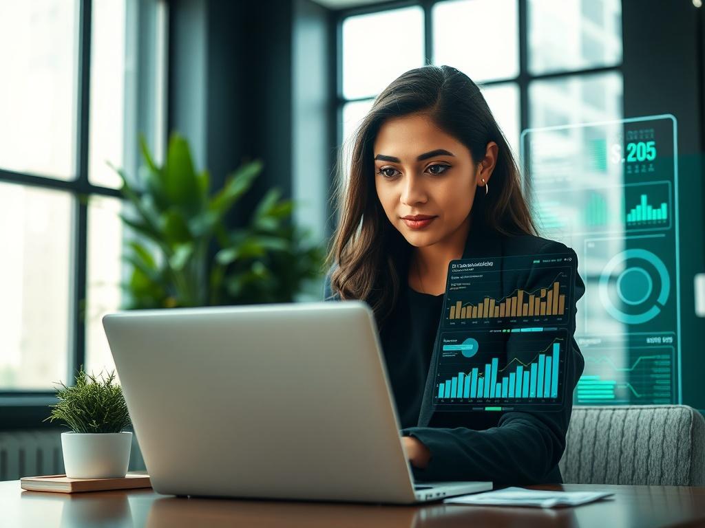 Create a realistic high-resolution photo that illustrates the theme of "Top IT Consulting Trends for 2024." The composition should be simple and clear, featuring a focused close-up shot of a professional IT consultant in a modern office setting. 

Subject matter: The main subject should be a confident, diverse IT consultant (preferably a South Asian woman) wearing smart business attire, looking thoughtfully at her laptop screen, which shows analytical data and graphs highlighting tech trends. Her expression