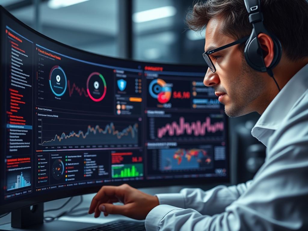 A close-up of a security expert analyzing a computer screen filled with security analytics and alerts. The environment should convey seriousness and vigilance, with a dark, focused background highlighting the importance of cybersecurity in a corporate setting.