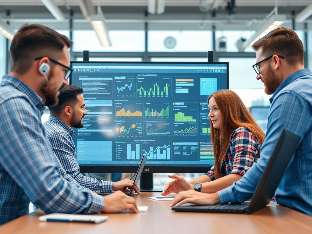 An IT operations team collaborating around a large digital display, analyzing workflow processes and metrics. The setting is bright and engaging, showcasing a modern workspace filled with technology and teamwork, emphasizing the importance of streamlined operations.