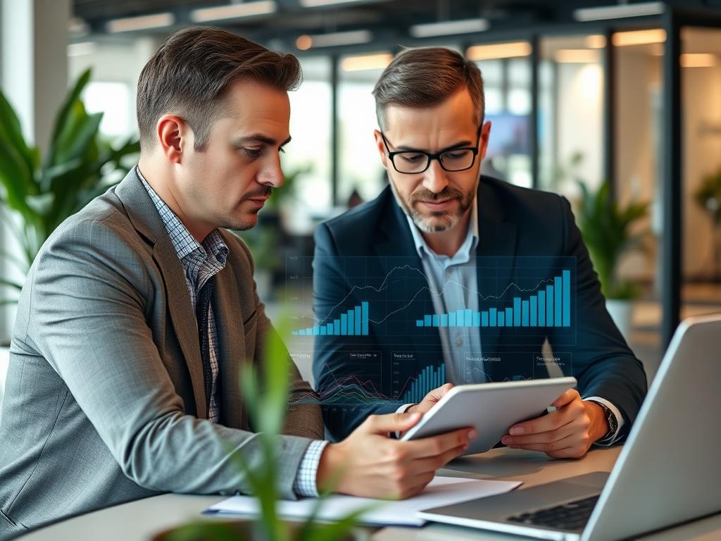 A professional consultant working closely with a client in a modern office setting, discussing IT strategies. The focus is on a clear digital display with graphs and data, reflecting a collaborative atmosphere. The background should show a sleek, contemporary office with plants and technology, emphasizing innovation and professionalism.