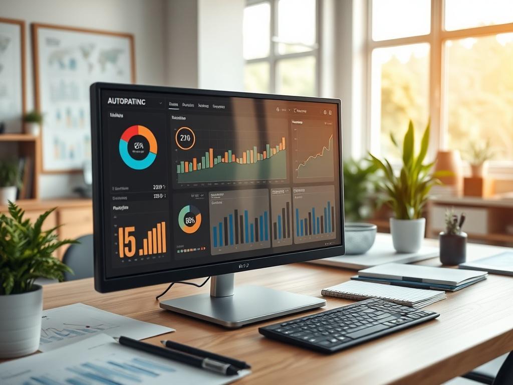 An attractive automated reporting dashboard displayed on a high-resolution monitor, surrounded by office supplies like charts and graphs. The setting is a well-lit workspace with a touch of greenery, symbolizing growth and clarity.
