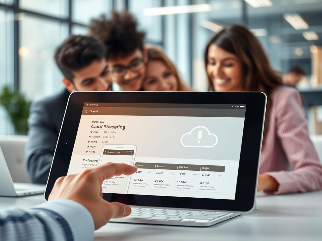A modern cloud storage interface displayed on a tablet, with team members collaborating in the background. The scene reflects a vibrant office environment, emphasizing teamwork and digital innovation.