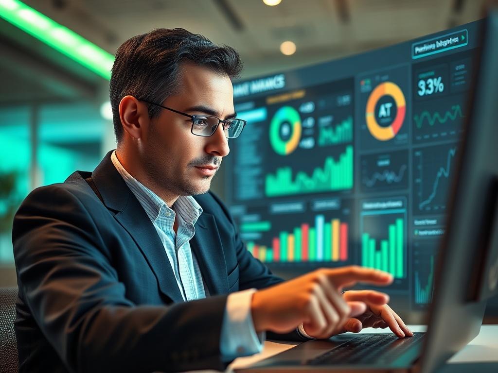 A hyper-realistic close-up shot of a finance professional collaborating with an AI interface. The setting is modern and sophisticated, with a sleek digital dashboard displaying various data analytics. The focus is on the professional, who looks engaged and focused, as they interact with the AI tool. The background is slightly blurred to emphasize the subject, with a warm, inviting color palette that includes shades of green, complementing the rgb(50, 170, 39) primary color.