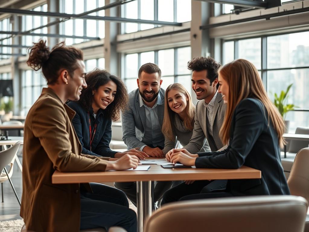 A close-up shot of a diverse group of professionals collaborating around a table, deeply engaged in discussion. The setting is modern and bright, with natural light streaming in through large windows. The focus is on their expressions of enthusiasm and creativity, showcasing a sense of teamwork and innovation. The background features sleek furniture and elements of technology, emphasizing a contemporary workspace atmosphere.