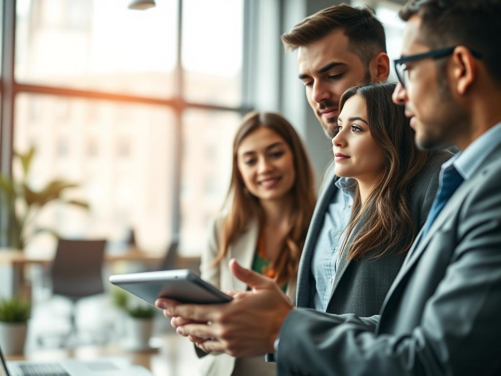 A hyper-realistic close-up shot of a professional in a modern office setting, engaged in a discussion with a digital tablet in hand. The background should be subtly blurred to emphasize the subject, showcasing a sleek, contemporary workspace with hints of technology. The color palette should include shades of green and neutral tones to convey a sense of innovation and growth.
