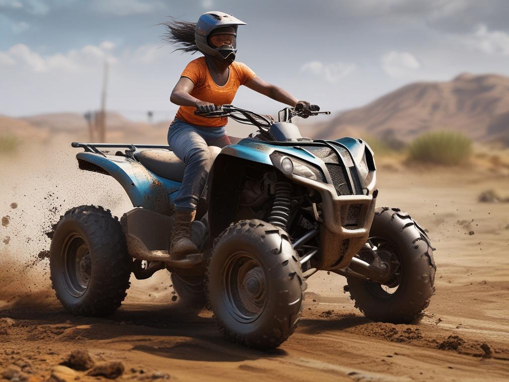 A black woman riding an extreme ATV through muddy terrain, showcasing excitement and adventure. The composition should focus on the rider in action, with splashes of mud flying around. The background should feature a lush green jungle landscape, emphasizing the thrill of off-road adventure. The scene should be vibrant and dynamic, capturing the essence of extreme fun.