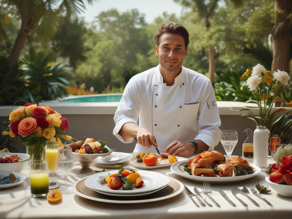 A private chef preparing a gourmet meal in an elegant outdoor setting. The scene features a beautifully set table with fine china, crystal glassware, and tropical floral arrangements. Soft, ambient lighting creates a warm atmosphere as the chef artfully plates a colorful dish. The background showcases lush greenery and twinkling fairy lights, enhancing the luxurious vibe of the dining experience.