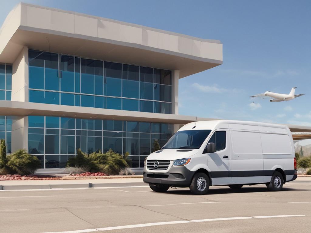 A white sprinter van parked curbside at an airport, with visible luggage and an airport terminal in the background. The scene conveys a sense of luxury and convenience, showcasing the sprinter as the ideal transportation option for travelers. The image should be clear, focused on the sprinter, and emphasize the ease of airport transfers.