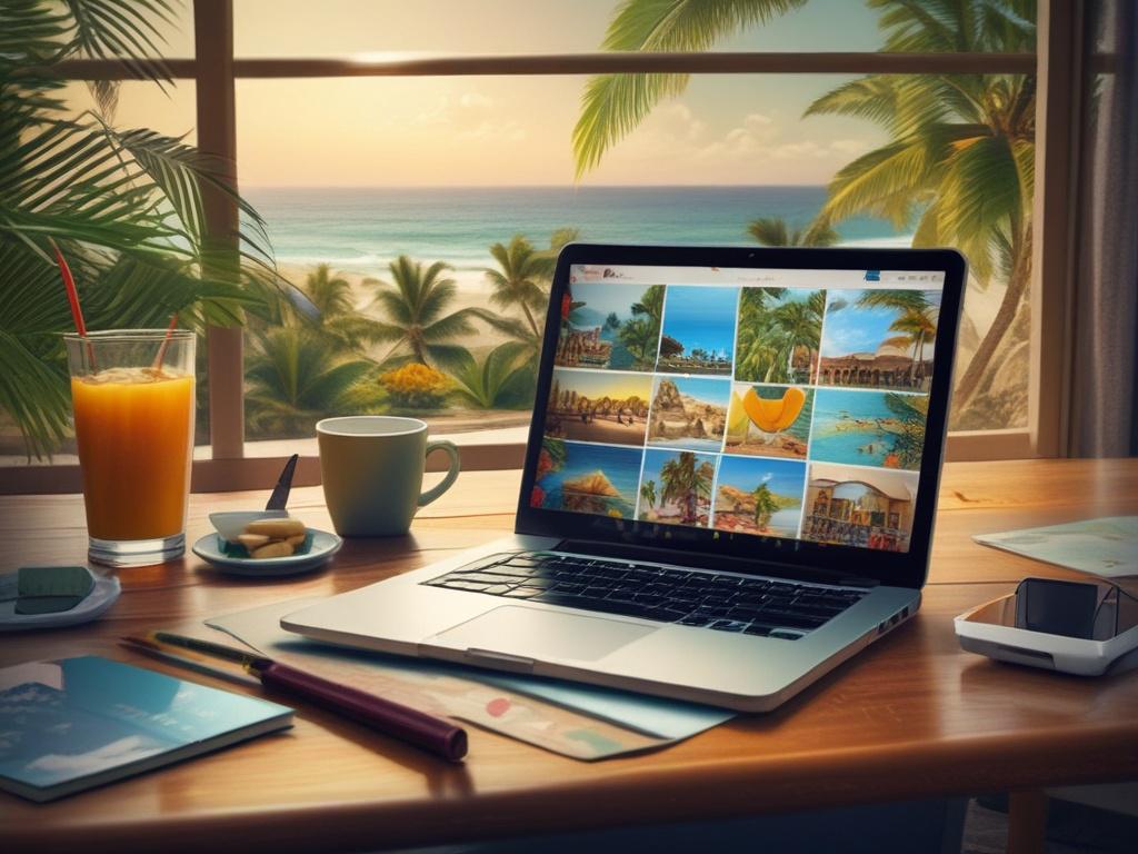 A travel planner reviewing details on a laptop with a