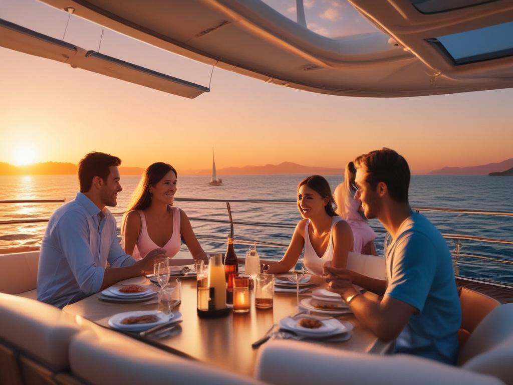 A group of happy travelers enjoying a sunset dinner cruise