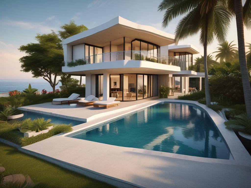 luxury villa with pool, ocean view, tropical landscape, sunset, elegant