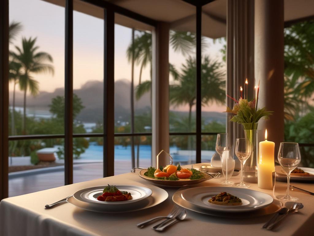 private chef plating gourmet meal in villa, elegant dining table,