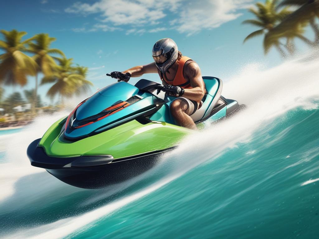 A high-speed jet ski racing across turquoise waters with a backdrop of tropical palm trees and blue skies, capturing the excitement and adventure of water sports.