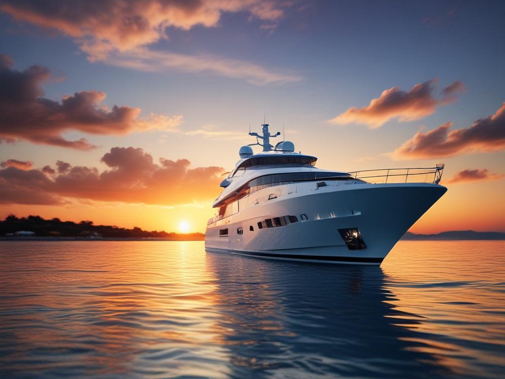 luxury yacht on clear waters, group enjoying drinks, vibrant sunset, joyful atmosphere, tropical scenery