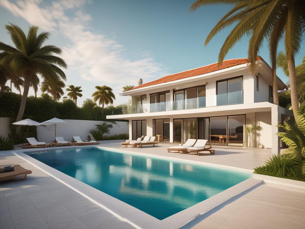 luxury villa with pool overlooking the beach, tropical setting, serene atmosphere, vibrant colors, clear sky