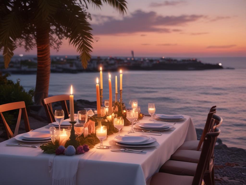 outdoor candlelit dinner table with cocktails, ocean backdrop, romantic setting, elegant dining setup, soft lighting
