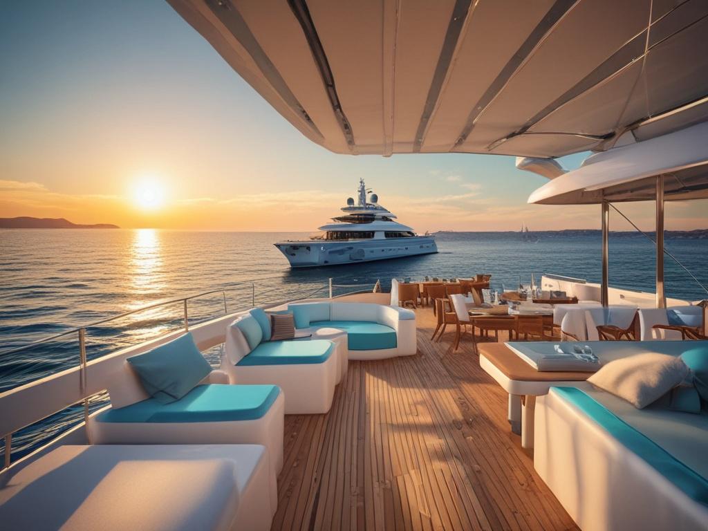 luxury yacht sailing on turquoise waters, group enjoying drinks, sunset view