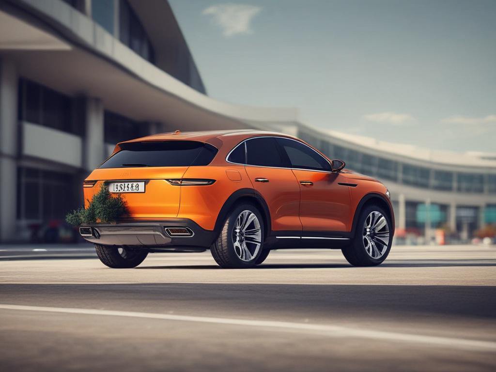 luxury SUV at airport curbside, elegant design, welcoming atmosphere