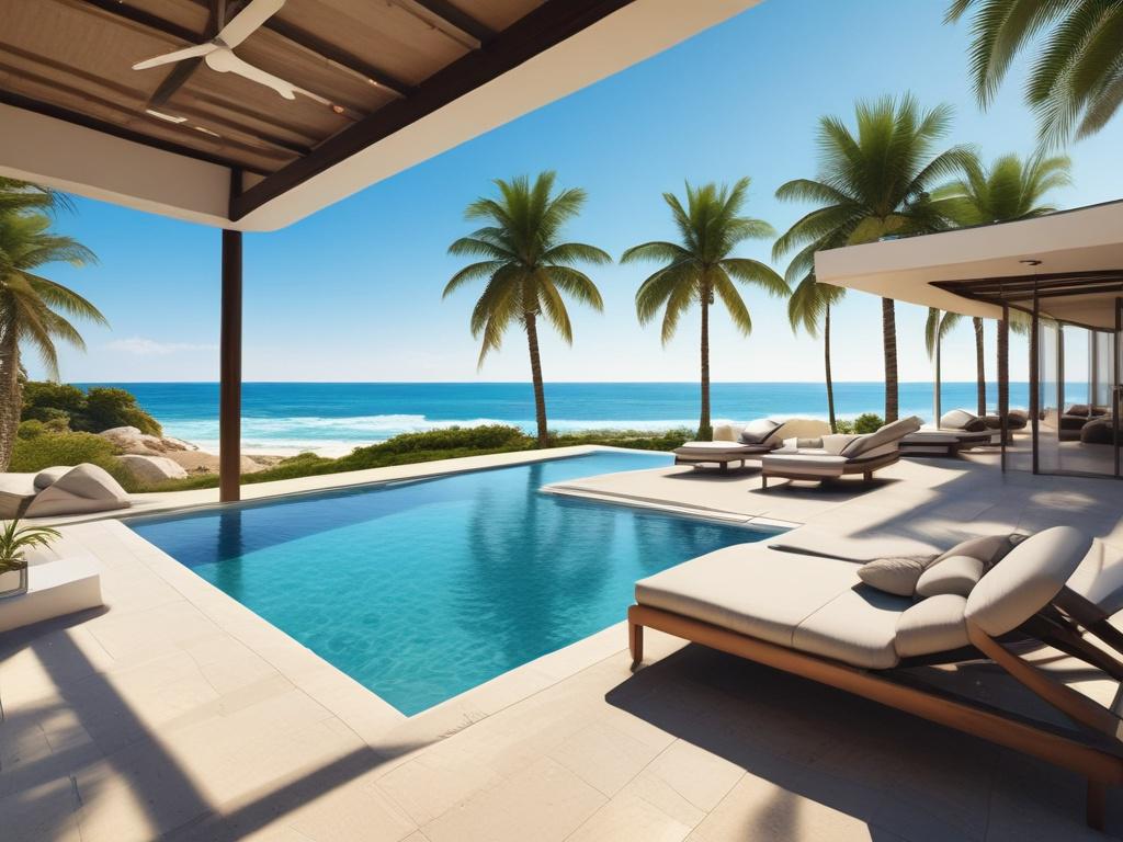 luxury villa with pool overlooking the beach, serene tropical setting, blue sky, elegant design