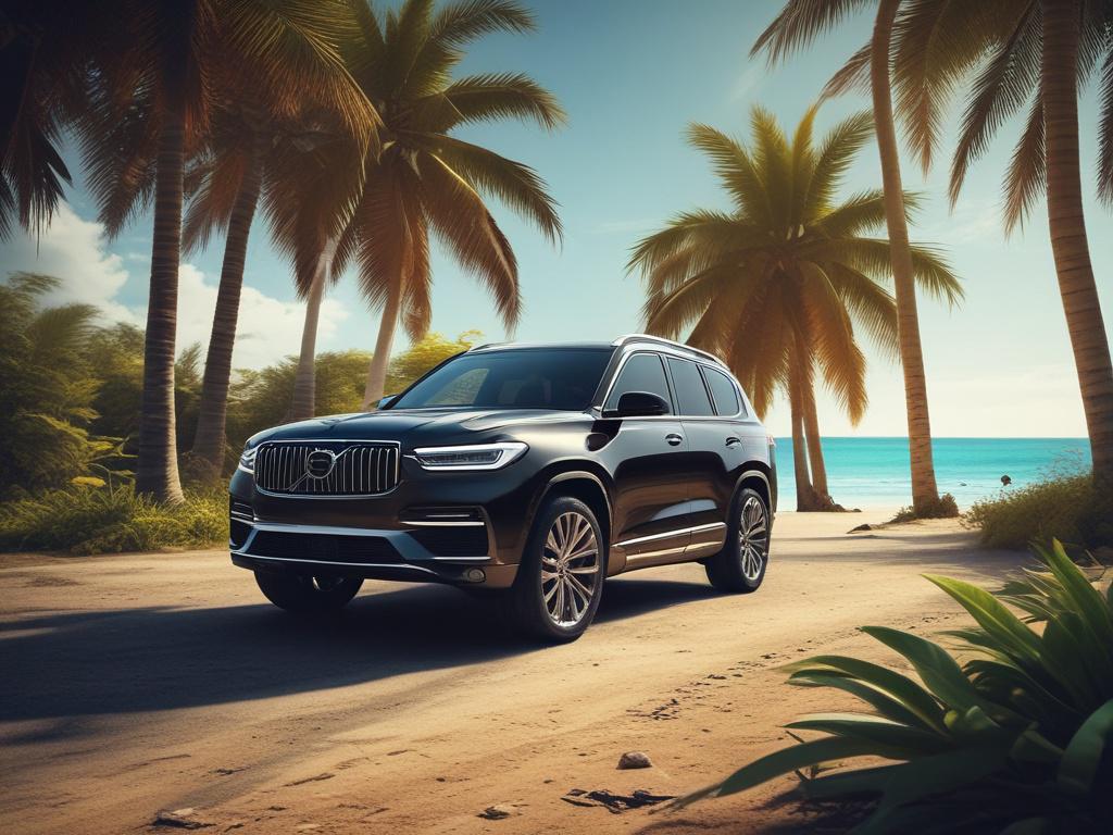 luxury vehicle at curbside, black SUV with driver waiting, tropical beach background, sunlight filtering through trees