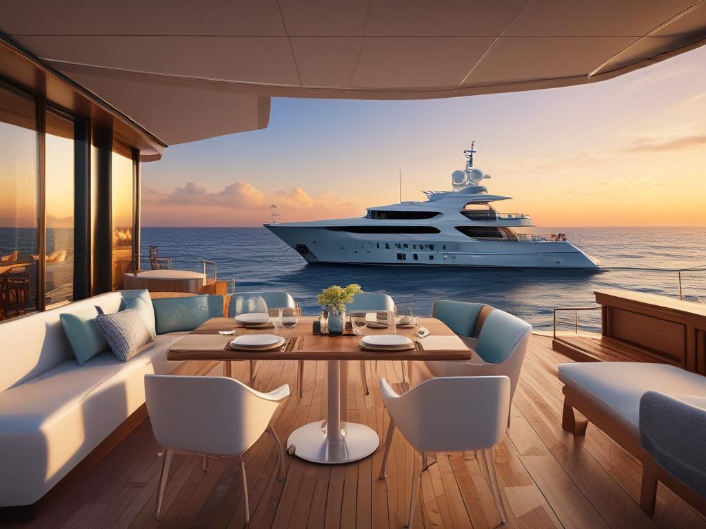 luxury yacht on clear waters, sunset, guests enjoying drinks, elegant