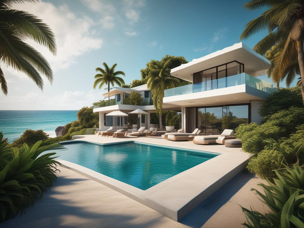 luxury villa with pool overlooking the beach, lush greenery, clear blue skies, inviting atmosphere, tropical paradise