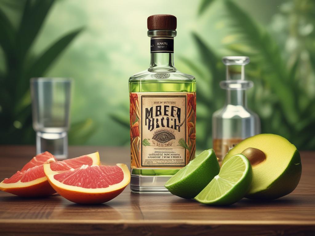 a beautifully arranged tasting setup featuring mezcal and tequila bottles, traditional glassware, and garnishes like lime and salt, set against a vibrant tropical backdrop with greenery and natural textures