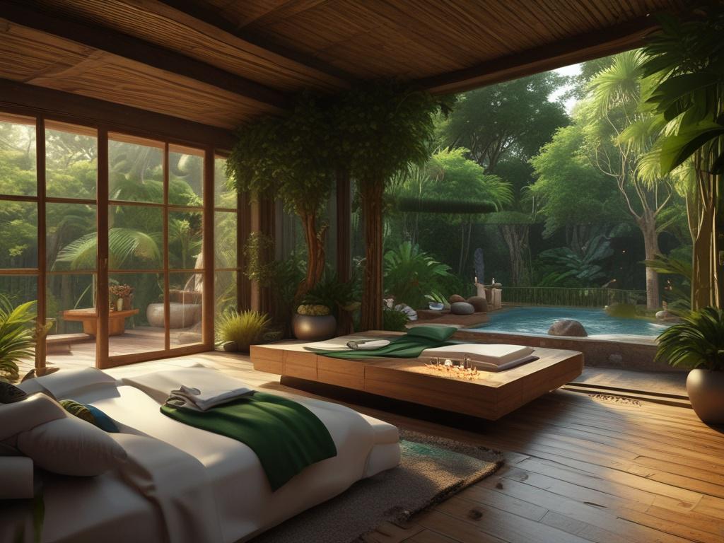 A serene jungle spa retreat surrounded by lush greenery, featuring a luxurious outdoor massage area with a wooden deck, elegantly arranged spa amenities, and a tranquil atmosphere. The background showcases vibrant tropical plants and soft natural light filtering through the leaves, creating a peaceful and inviting ambiance for relaxation and rejuvenation.