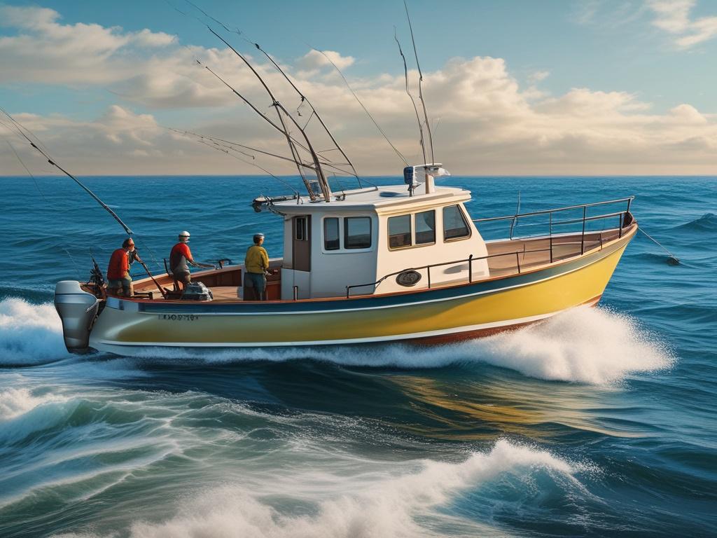 A fishing boat with a group of happy anglers on the deck, reeling in a big fish against a backdrop of endless blue ocean and a clear sky, capturing the thrill of deep sea fishing.