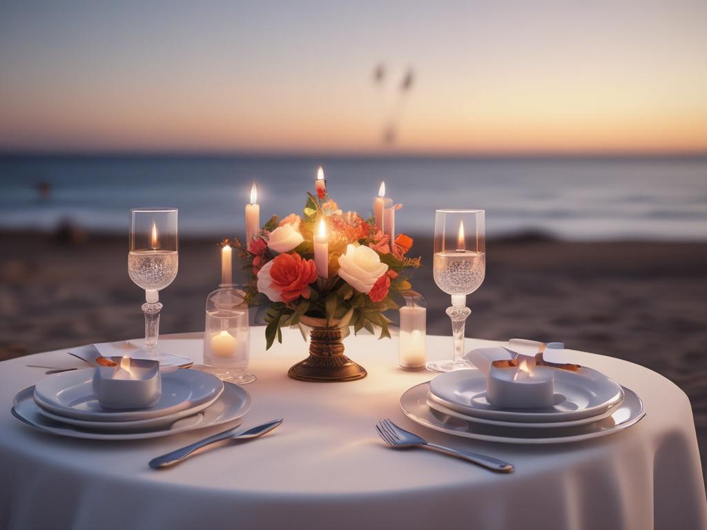 An elegant candlelight dinner table set up on a beautiful beach with an ocean background. The table is adorned with a white tablecloth, fine china, crystal glassware, and exquisite silverware. Soft glowing candles are placed strategically to create a romantic atmosphere, while the waves gently lap at the shore in the background. The scene is framed by palm trees, with a stunning sunset casting a warm glow over the setting, enhancing the luxurious feel of the dining experience.