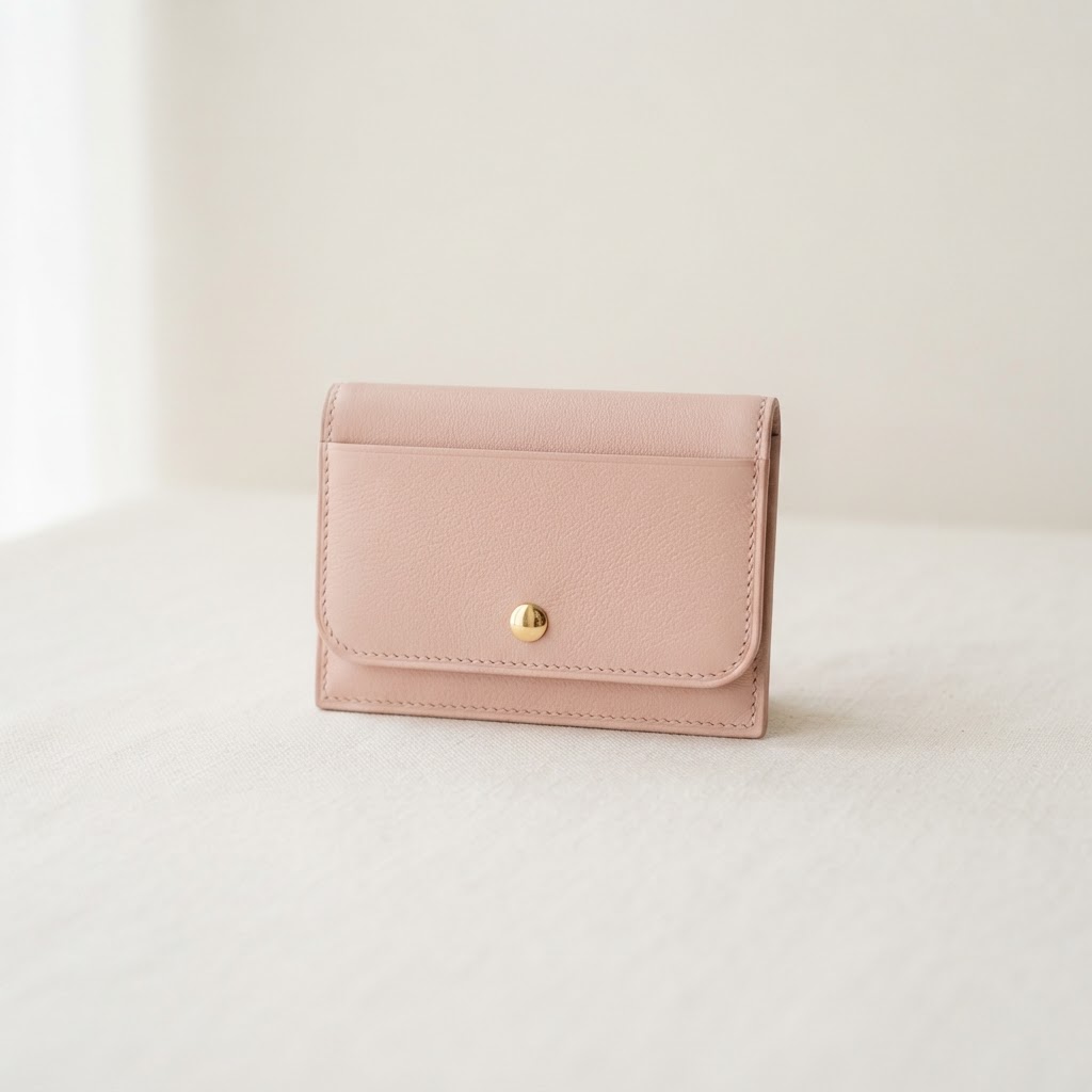 Blush pink leather card holder with gold detail