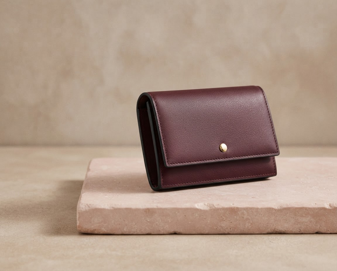 Sculptural burgundy leather wallet on a blush stone plinth