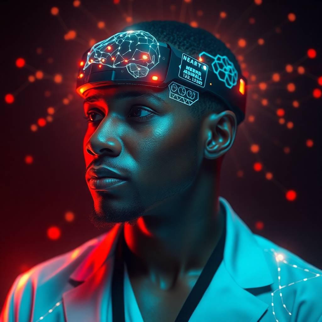 an ethereal, spiritual image depicts a futuristic wearable device with holographic light patterns worn by a black american professional. holographic neural connections and medical data are projected, accompanied by.jpg