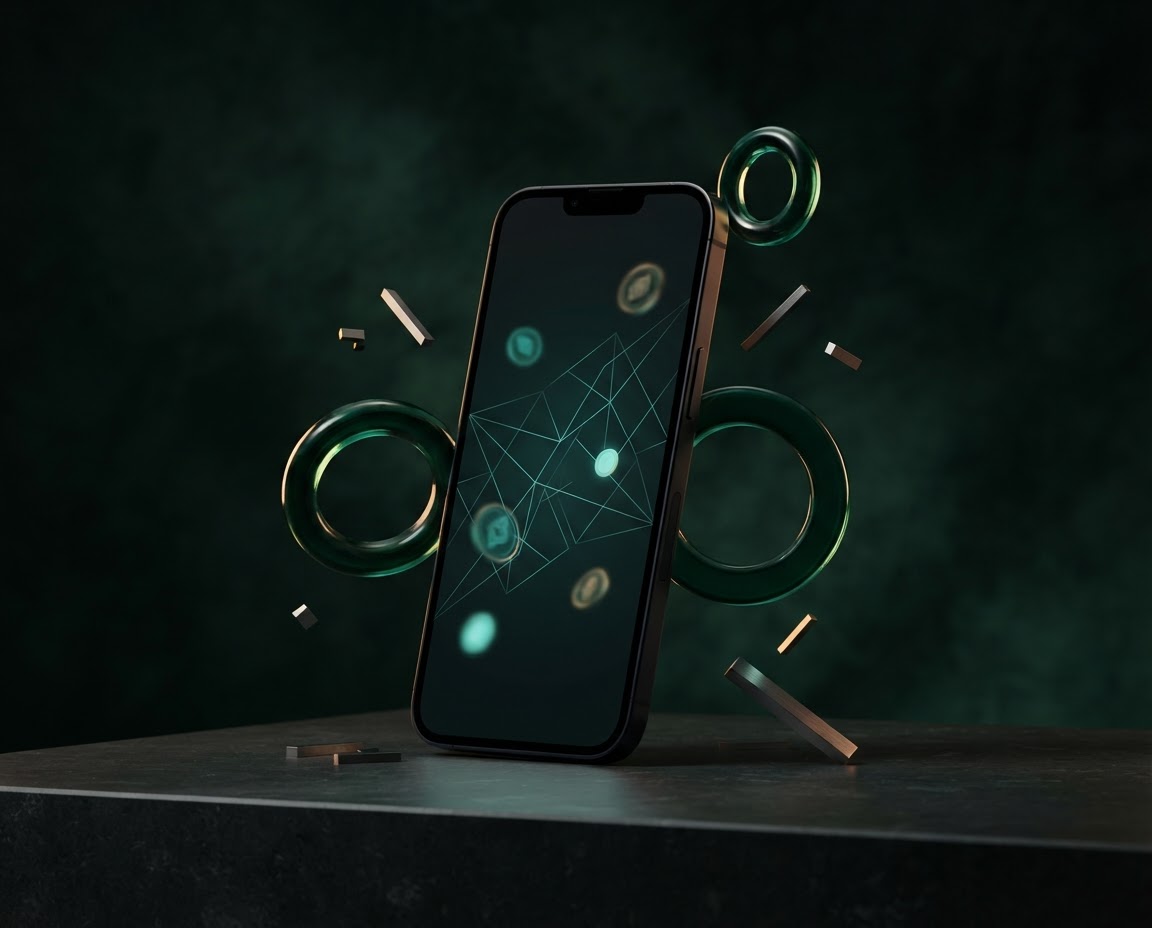 Editorial still life of a smartphone with abstract teal wallet-inspired artwork