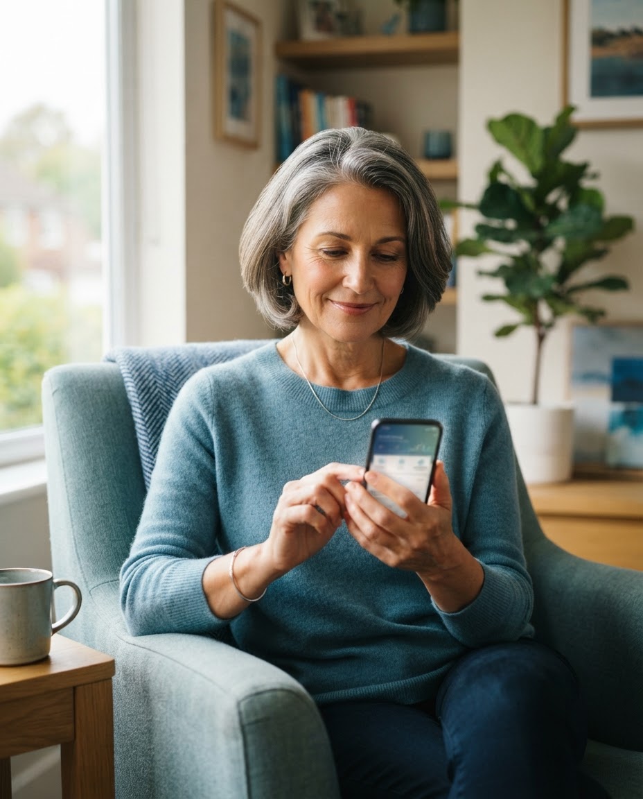 A woman securely checking healthcare information on her smartphone at home