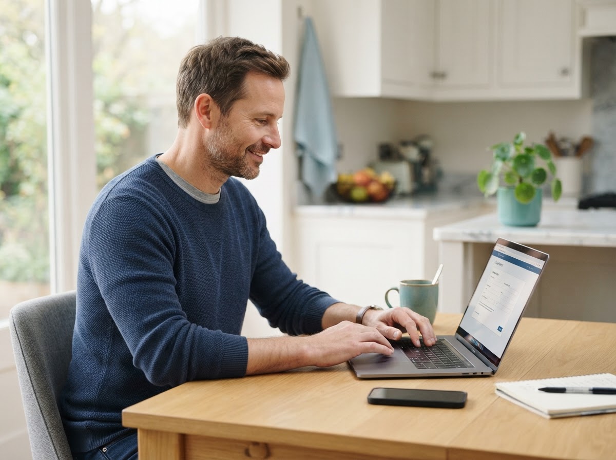 Patient reviewing health information online in a comfortable home setting