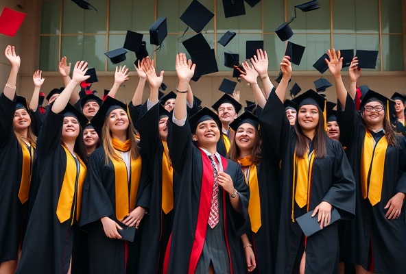 University students graduating and celebrating their achievement