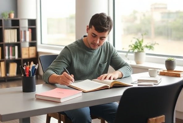 University student writing homework at organized workspace