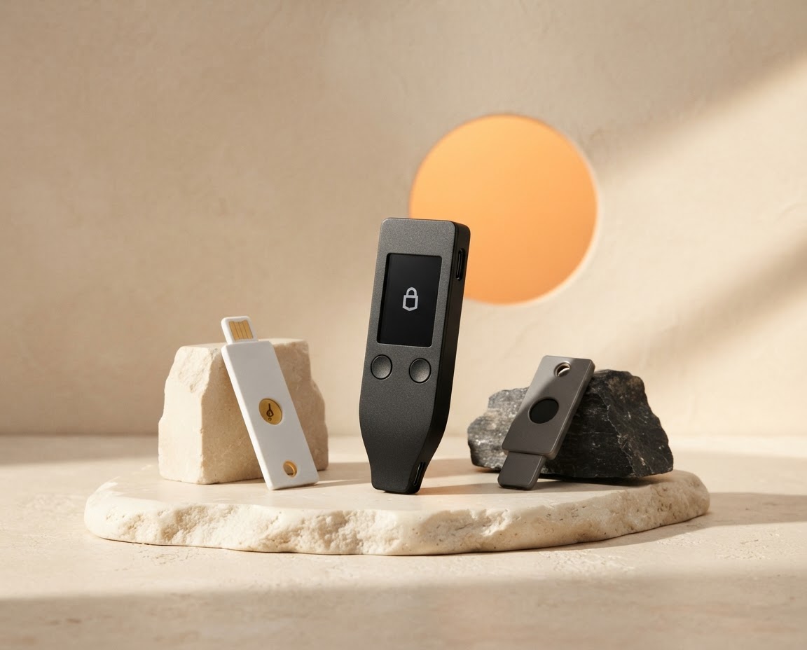 A collection of compact Trezor-style hardware wallets arranged in warm studio light
