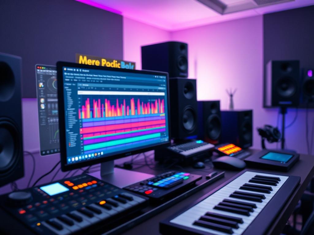 A close-up shot of a high-tech music studio featuring a computer screen displaying music production software, with vibrant colors reflecting the RGB(50, 170, 39). The background shows music equipment like MIDI controllers and speakers, emphasizing the creative atmosphere.