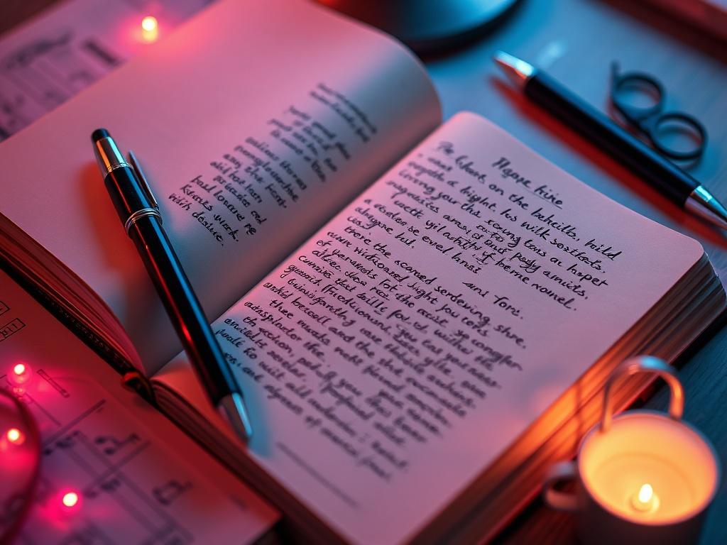 A close-up shot of an open notebook filled with handwritten lyrics, surrounded by a pen and some music notes, with a soft, ambient RGB(50, 170, 39) glow in the background.