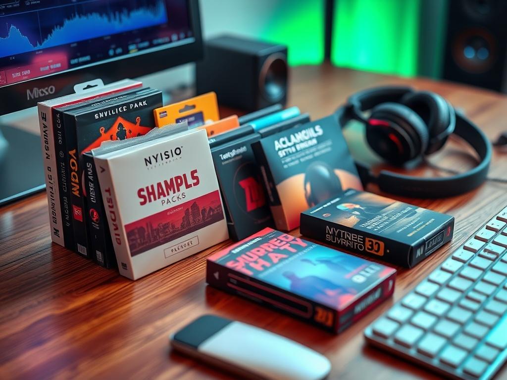 A close-up shot of a collection of audio sample packs arranged on a sleek wooden desk, with a computer keyboard and headphones nearby, reflecting the RGB(50, 170, 39) color scheme in the lighting.