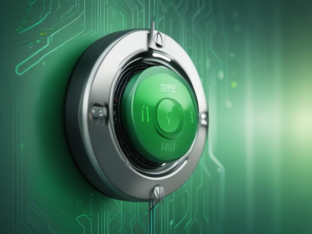 A hyper-realistic close-up shot of a secure digital lock symbolizing data protection, with a blurred green background that includes elements of technology like circuit patterns. The focus is sharp on the lock, showcasing intricate details, while the surrounding gives a sense of digital security. Shot with a 45mm f/1.2 lens to create a depth of field effect.
