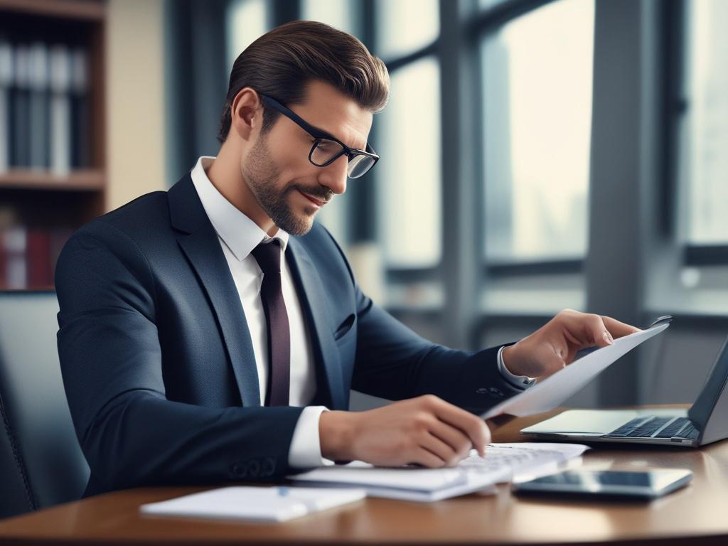 A focused, hyper-realistic close-up shot of a business professional, sitting at a sleek, modern desk, reviewing technology reports on a digital tablet. The background is softly blurred, suggesting a contemporary office environment. The subject exudes confidence and expertise, dressed in smart business attire. The lighting is warm and inviting, highlighting the professionalism of the scene. The composition emphasizes the subject while maintaining a clean and organized workspace.