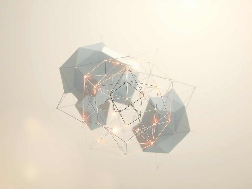 A captivating digital artwork representing the concept of Universal Intelligence, featuring interconnected geometric shapes in soft tones, gentle lighting, and a peaceful atmosphere. The composition should focus on the intricate details of the shapes, creating a sense of depth and connectivity, with a neutral background to enhance the artwork's vibrancy.