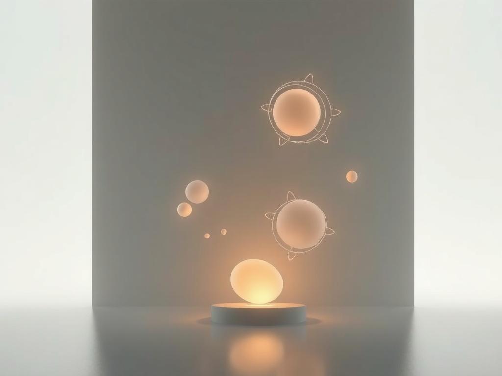 An enchanting digital piece from the PulsR Inspired Commemorative NFT Series, featuring abstract forms that symbolize intelligence and connectivity. The artwork should be rendered in soft tones with gentle lighting, creating a tranquil yet thought-provoking atmosphere, set against a minimalistic background.