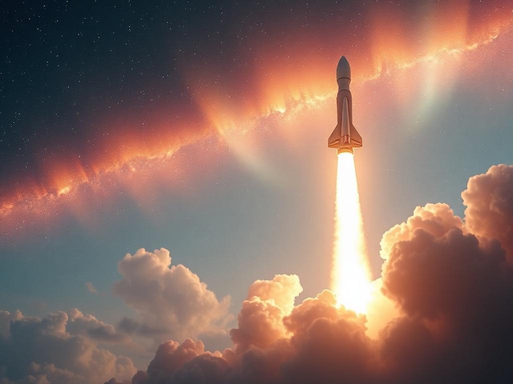 A striking digital NFT artwork commemorating the Starship launch, featuring a dynamic depiction of a rocket launching into a starry sky. The composition should include vibrant colors that evoke excitement and wonder, with soft lighting creating a dreamy atmosphere, set against a cosmic backdrop.
