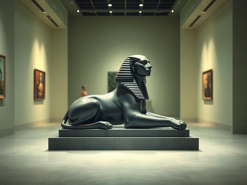 A serene gallery space featuring a contemplative artwork that symbolizes causal intelligence. The composition includes a single, striking sculpture representing the concept of the omniscient sphinx, surrounded by soft, gentle lighting that enhances its features. The background is intentionally blurred to focus attention on the sculpture, creating a peaceful atmosphere. The color palette incorporates soft greens that harmonize with the primary color rgb(50, 170, 39), evoking a sense of tranquility and reflec