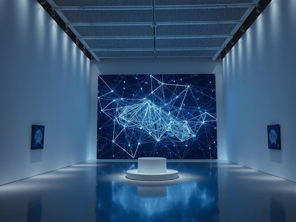 A high-resolution image of a contemplative artwork installation in a neutral gallery space, featuring sleek and futuristic design elements. The artwork should represent the theme of cosmic intelligence, showcasing interconnected structures that evoke a sense of connectivity and causality. The lighting should be soft and ambient, enhancing the serene atmosphere of the gallery. The overall composition should feel modern and inviting, with a focus on the artwork as the central subject.